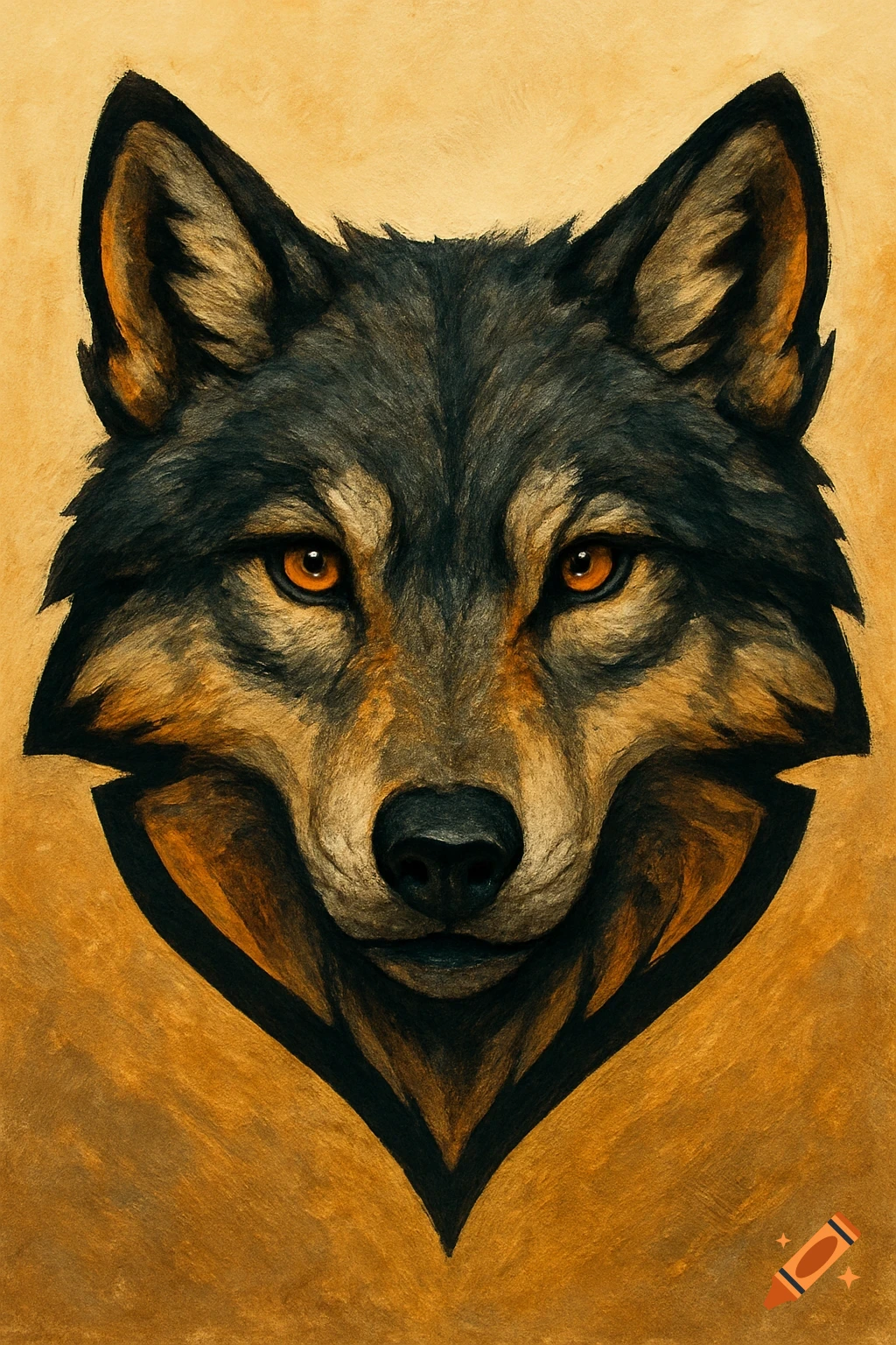 A stylized close-up portrait of a wolf's face with orange eyes against a warm yellow background.