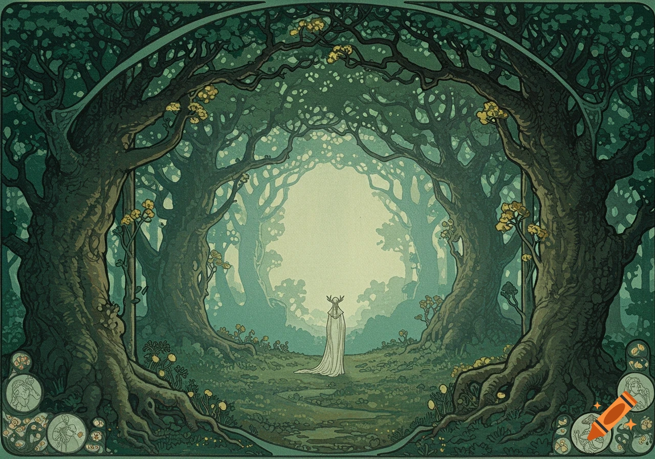 A figure in a white robe stands in a fantasy forest with large, gnarled trees forming an arch, in an art nouveau style.