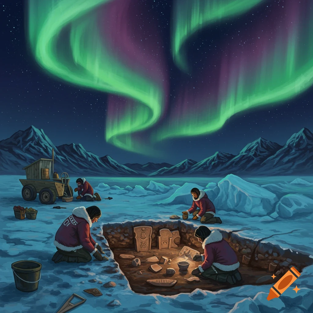 Archeologists excavate carved stones under a vibrant green and purple aurora in a snowy mountain landscape.