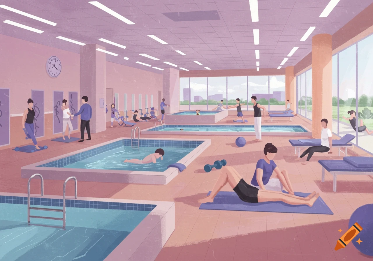 Illustrated scene of an indoor physical therapy and rehabilitation center with pools and people exercising.