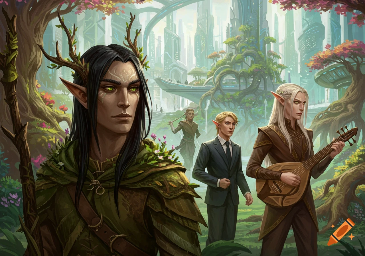 Fantasy painting of elves and a human in a futuristic city merged with nature.