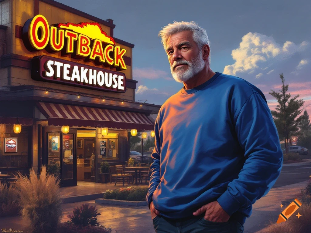 A man in a blue sweatshirt stands outside an Outback Steakhouse restaurant at dusk.