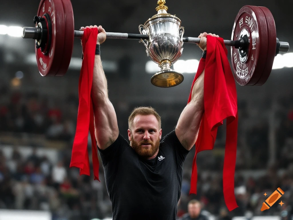 Man lifting a barbell with a trophy overhead in a competition.