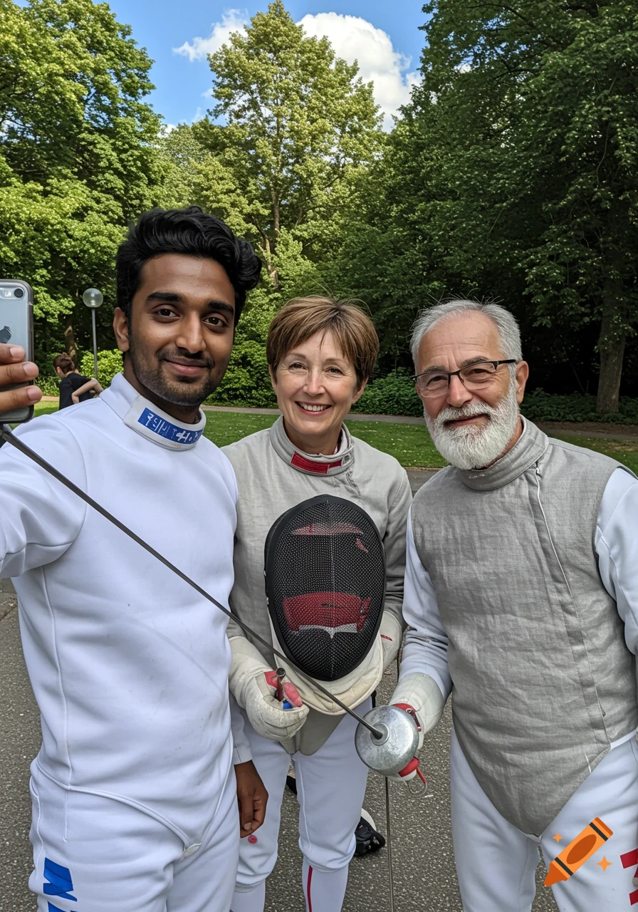 Three people in fencing gear take a selfie outdoors.