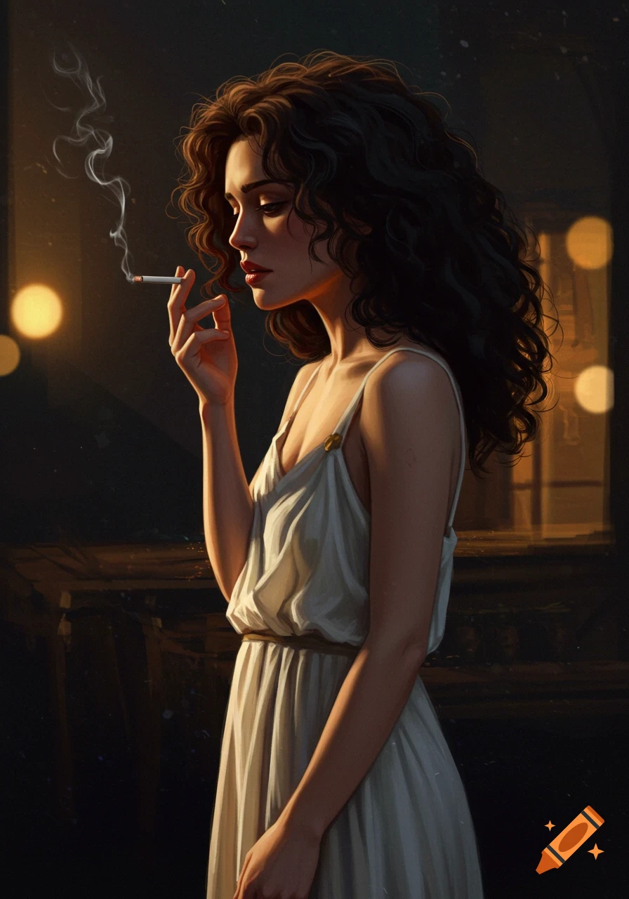 Illustration of a woman with dark curly hair smoking a cigarette