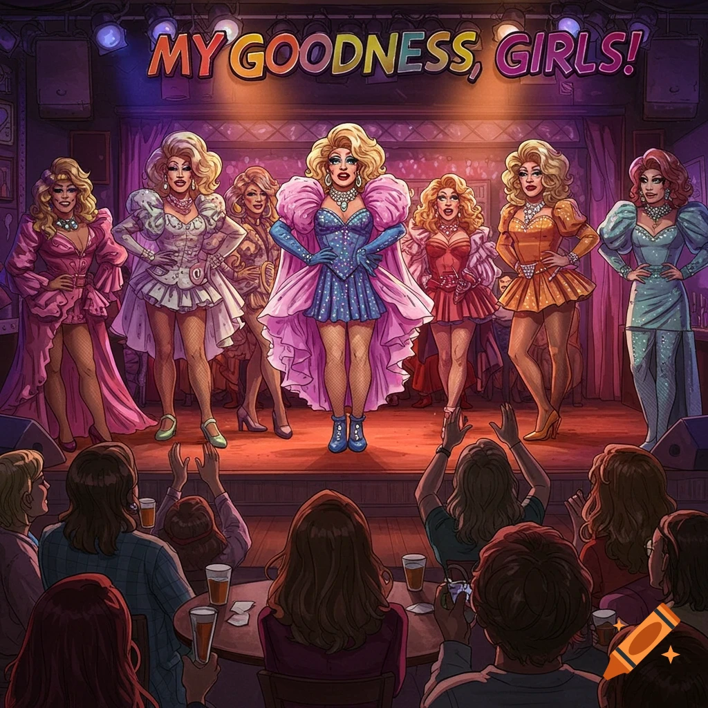 Drag queens perform on stage in front of an audience in a bar, with a sign reading 'MY GOODNESS, GIRLS!'