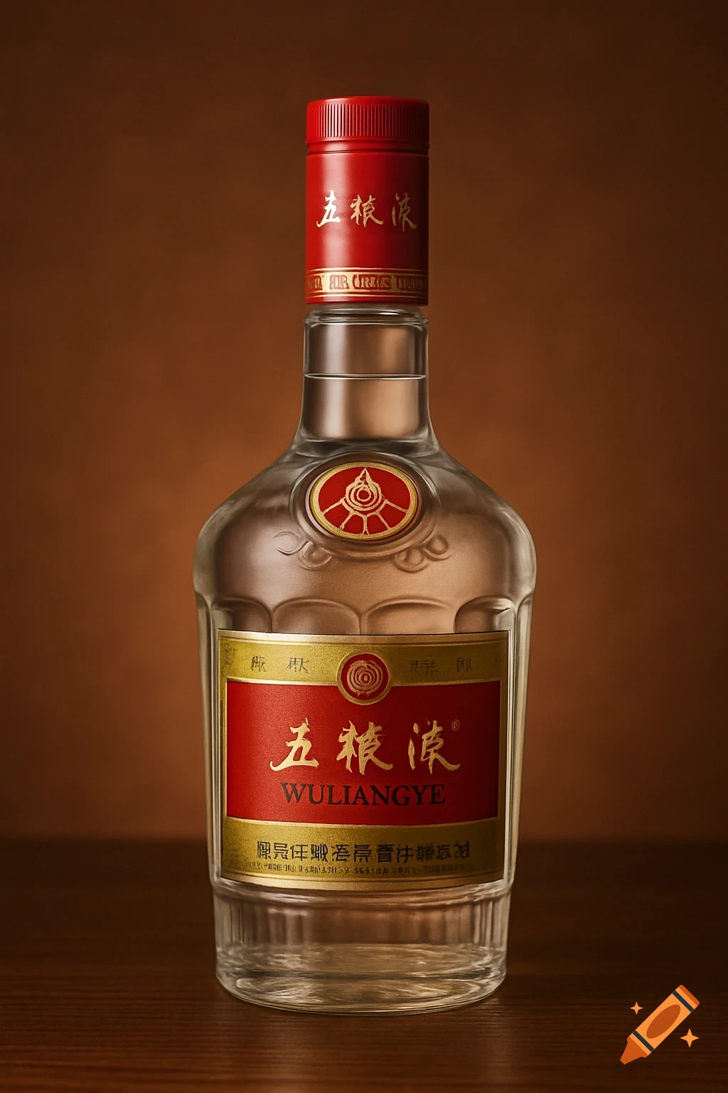 A bottle of Wuliangye baijiu on a wooden table.