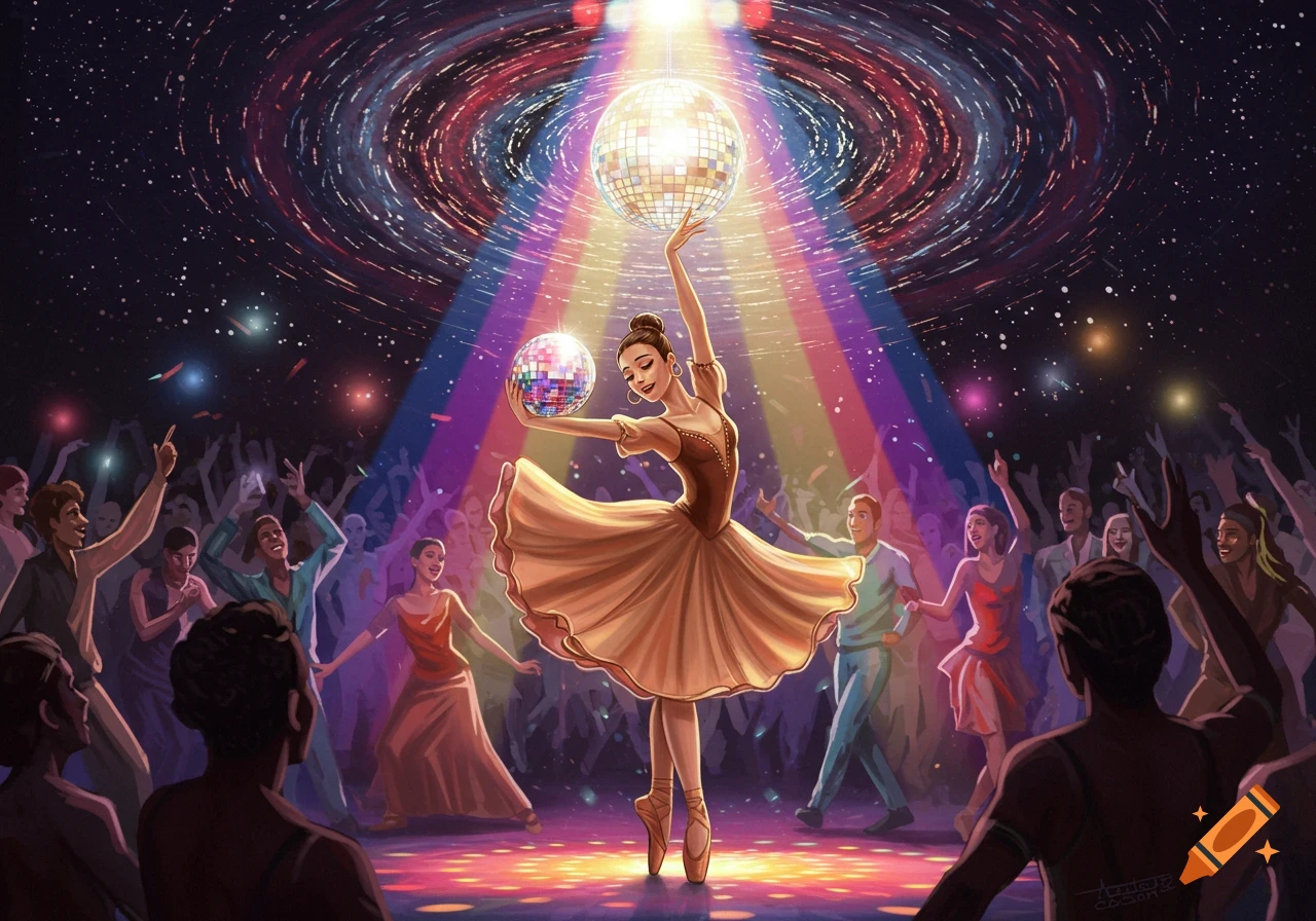 A ballerina dances with a small disco ball at a cosmic disco party, surrounded by a cheering crowd.