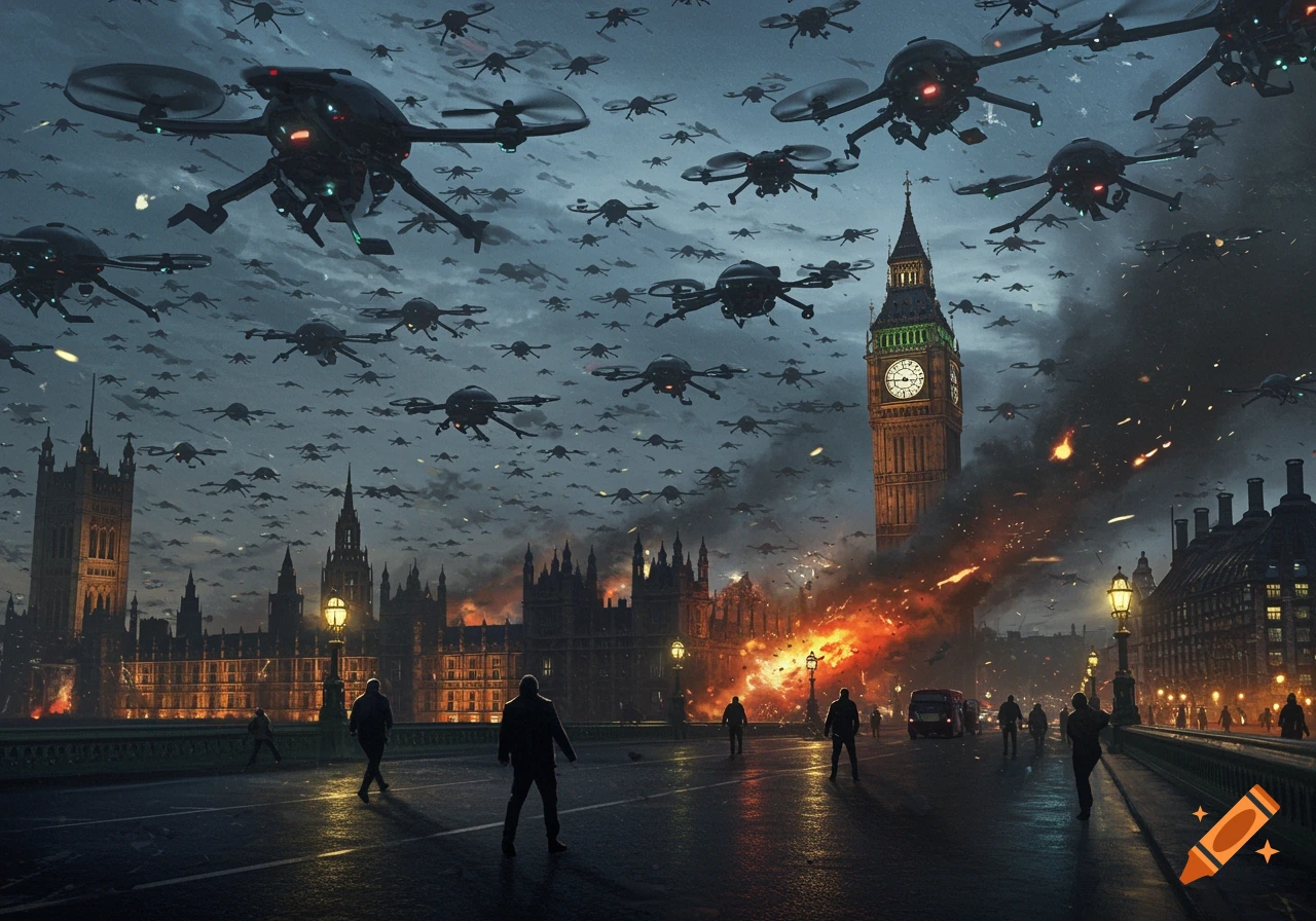 A swarm of drones attacks London, with fires near Big Ben and people on a bridge.