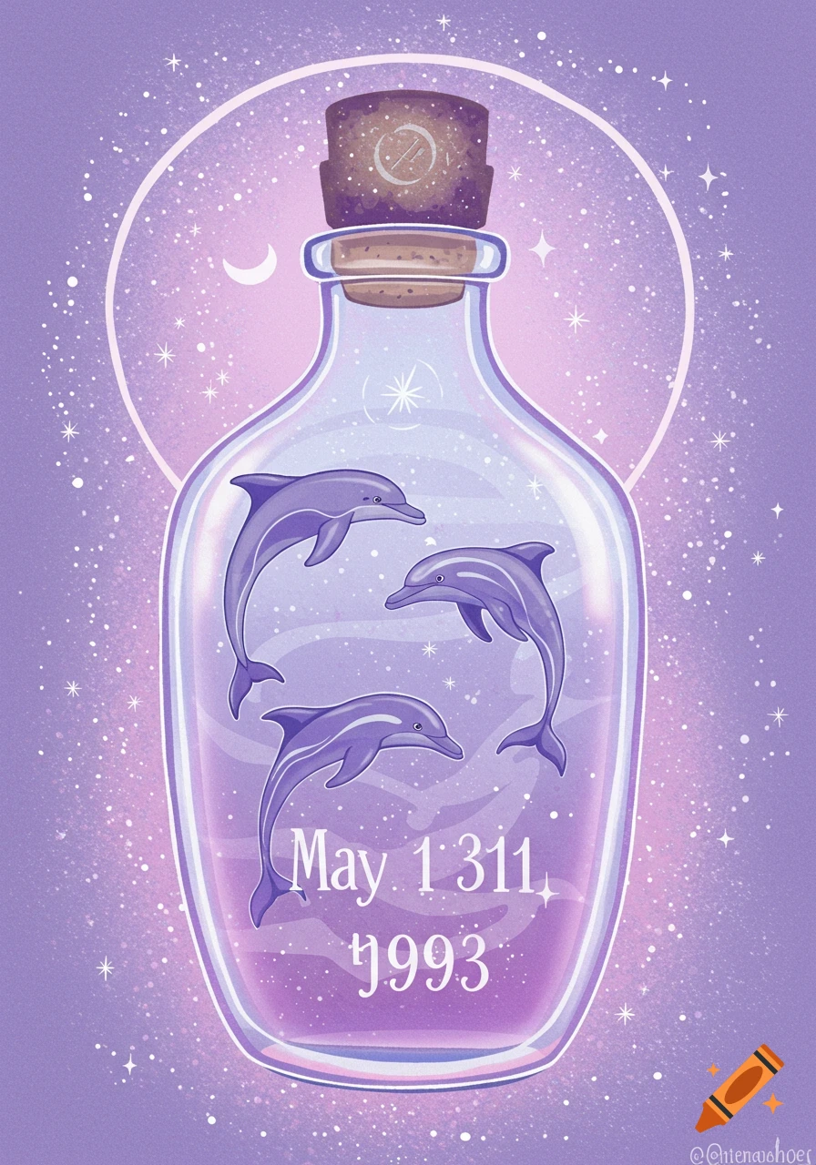 Illustration of purple dolphins in a bottle with stars on a purple background.