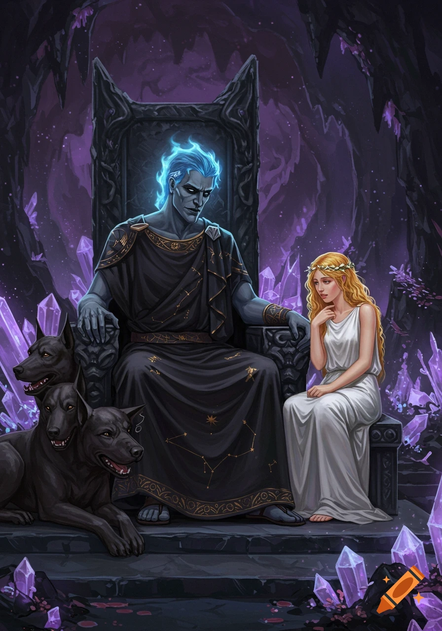 Hades and Persephone sit on a throne in a crystal-filled cave with Cerberus