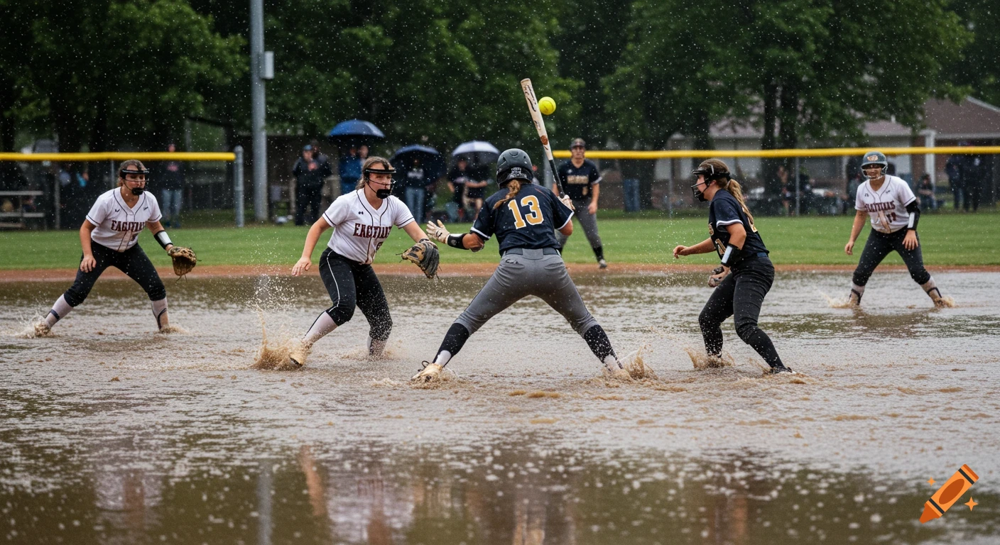 Softball game on a flooded field in the rain with players splashing water.