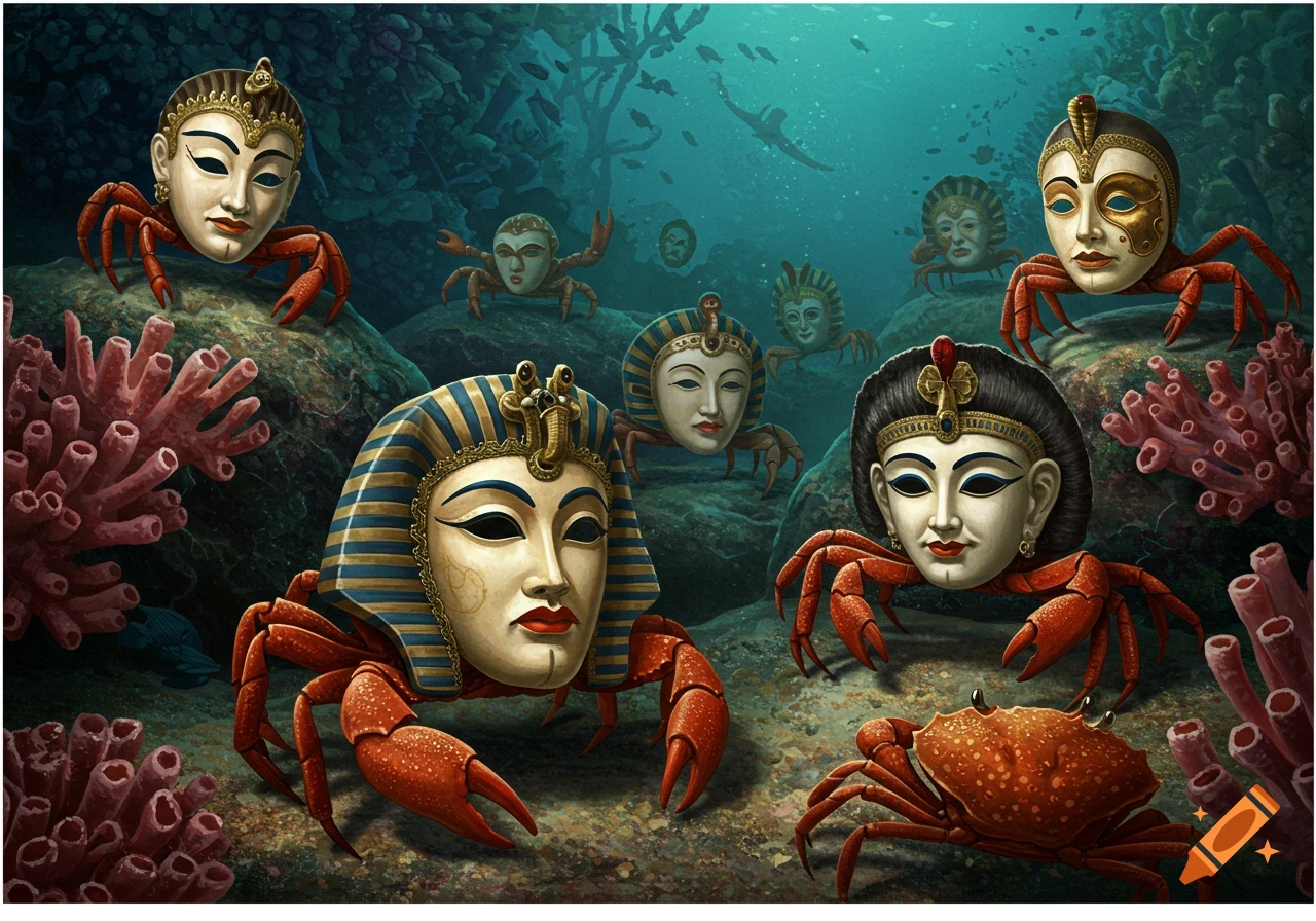 Crabs underwater wearing human masks as shells, including an Egyptian pharaoh style mask, among coral and rocks.