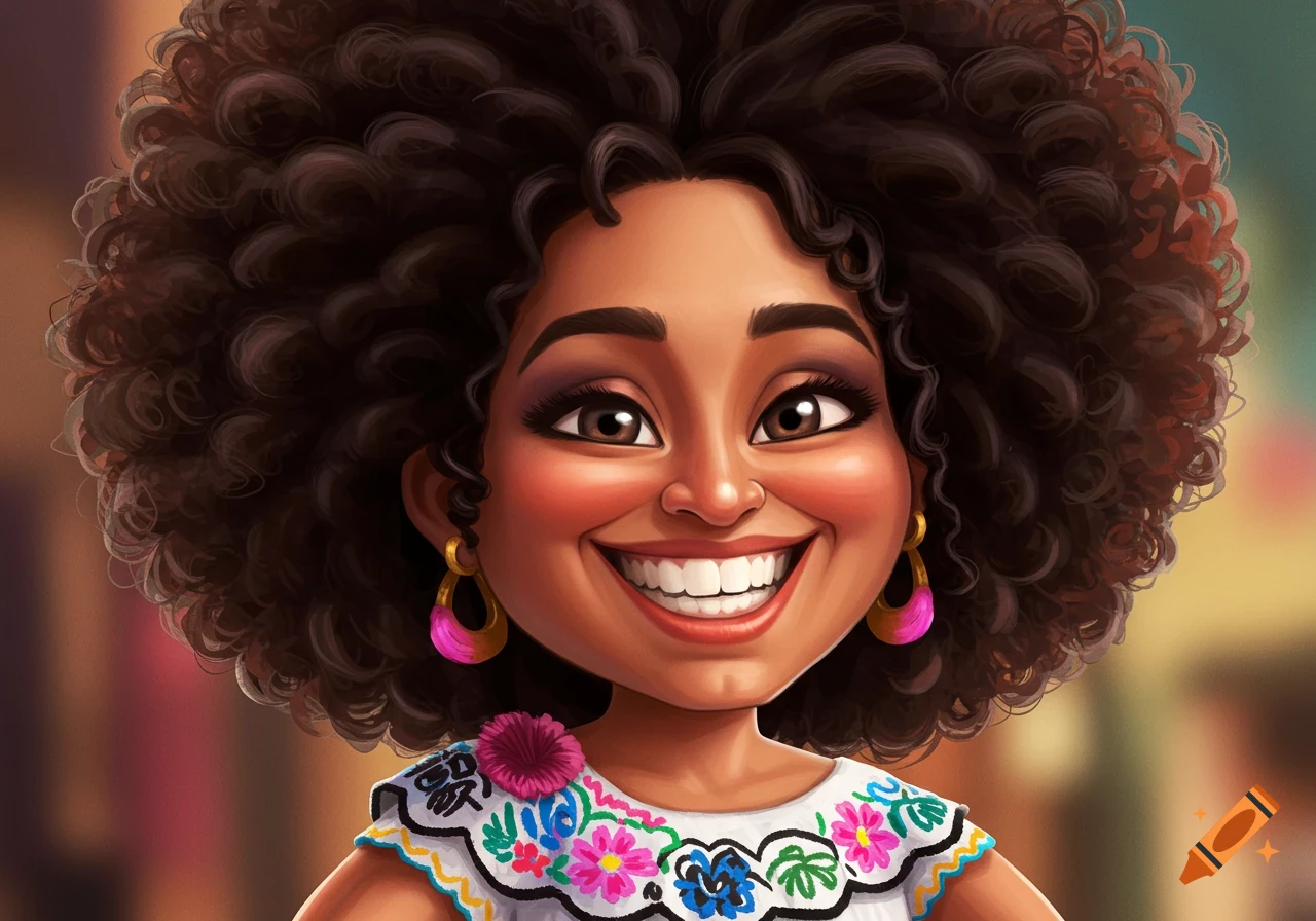 A smiling cartoon woman with big curly hair wears a colourful ...