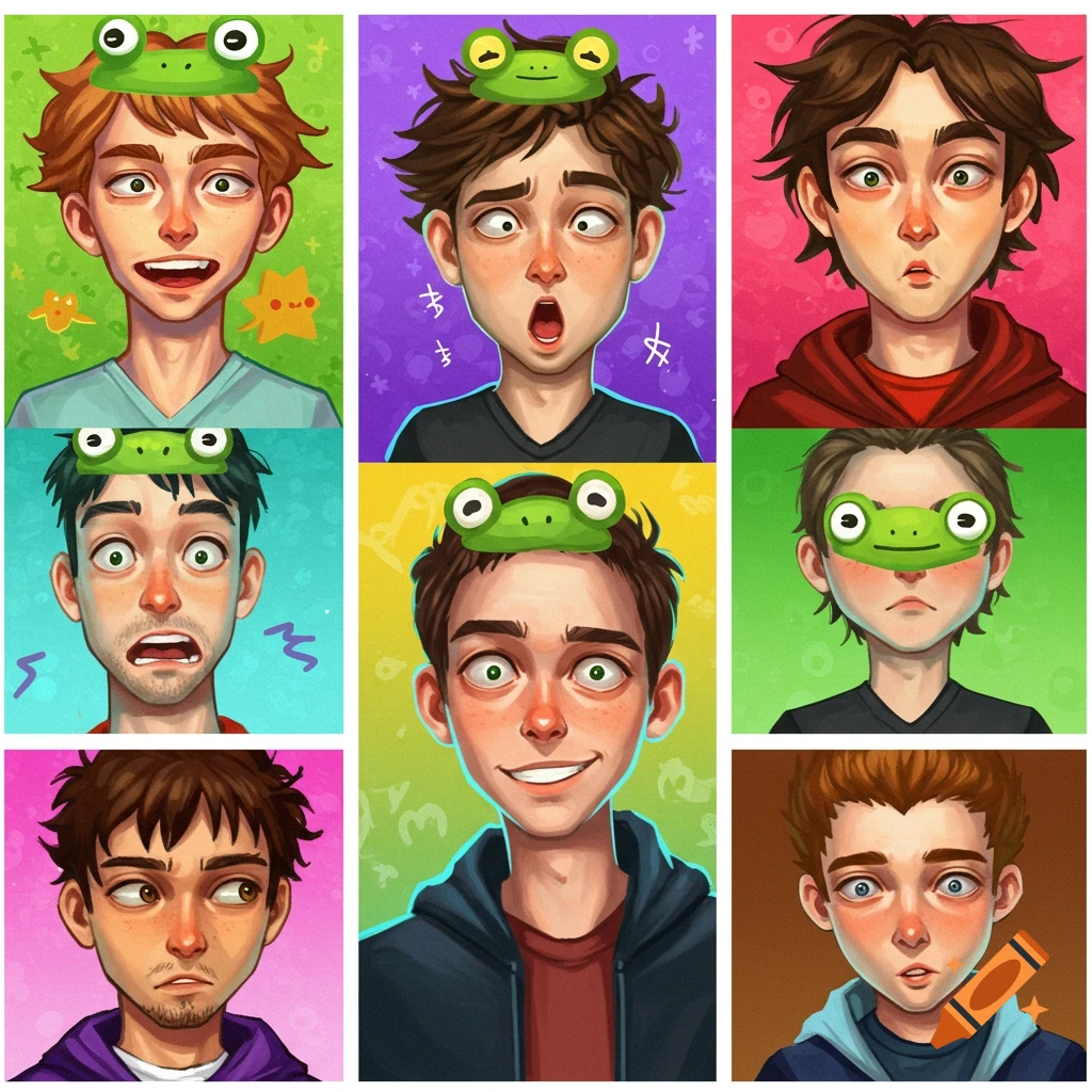 Grid of nine cartoon portraits of boys wearing frog headbands or masks.