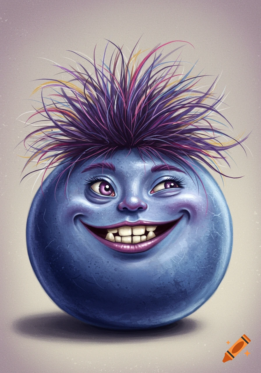 Cartoon illustration of a round blue creature with a large smile, buck teeth, and spiky colorful hair.