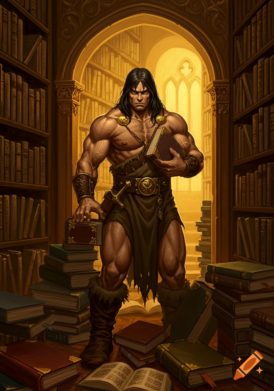 Muscular barbarian-like man holds a book in a library, digital illustration.