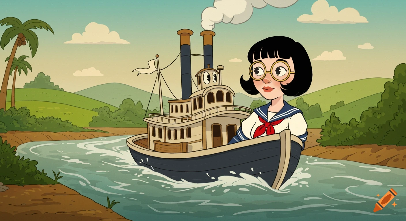 Cartoon woman with a bob haircut and glasses rides on a steamboat along a river.