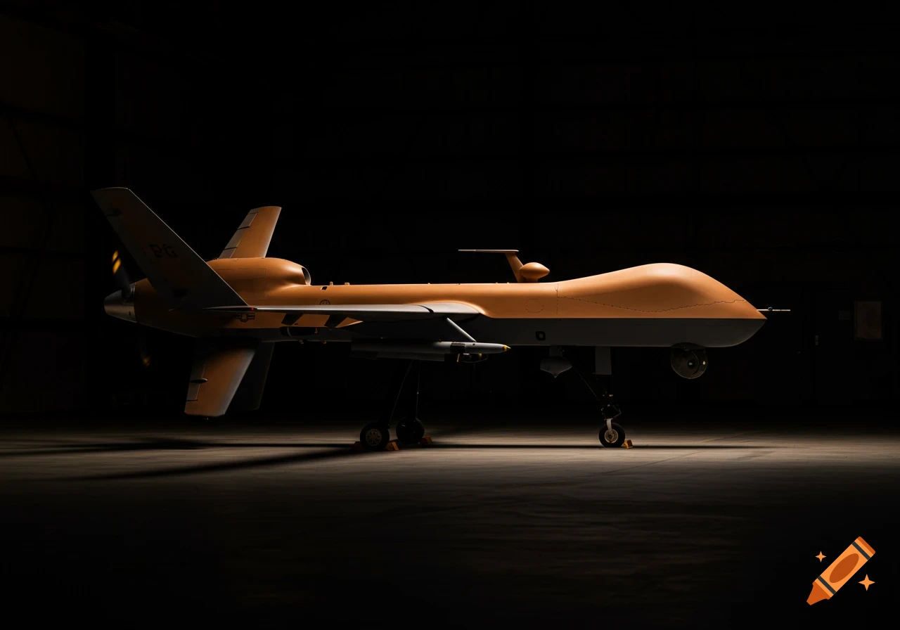 Photographic image of a drone resembling an MQ-9B sitting on a concrete floor, dramatically side lit.