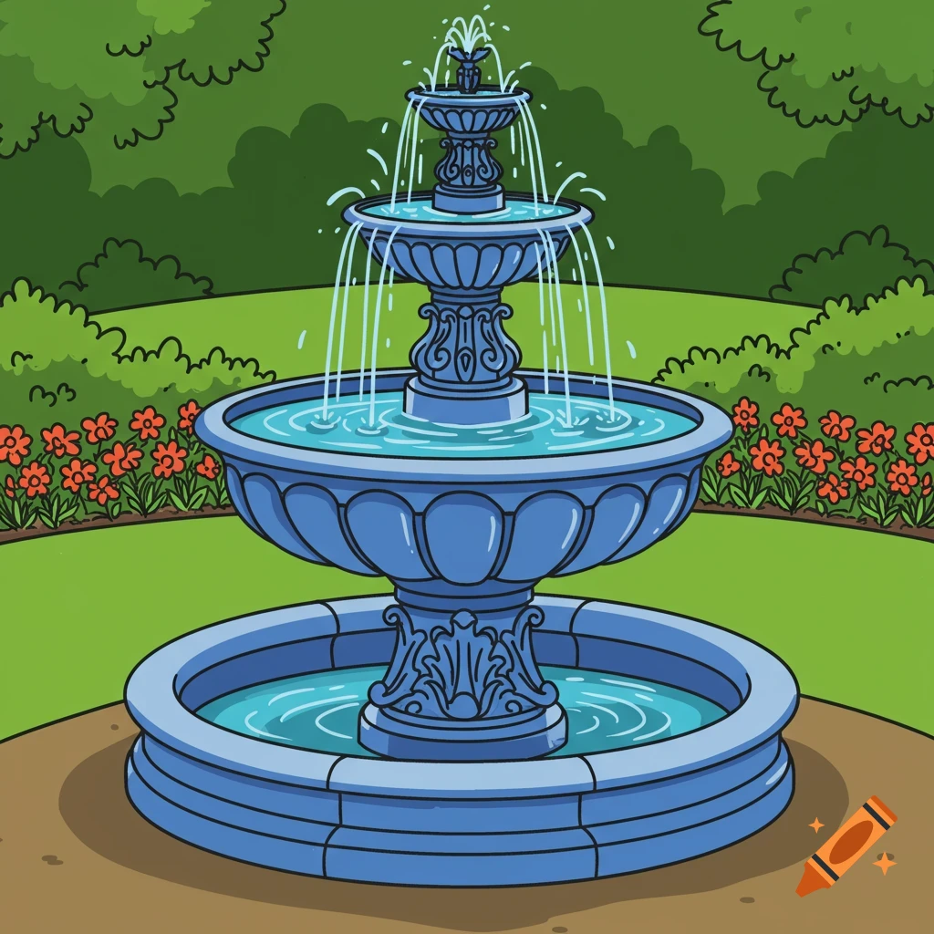Cartoon drawing of a multi-tiered water fountain in a garden.
