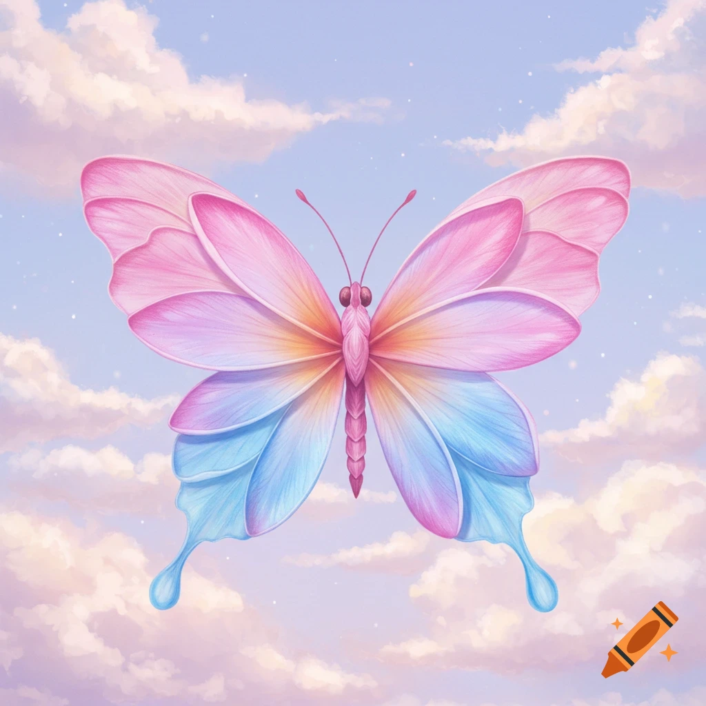 A butterfly with pink and blue wings made of plumeria flowers flies against a pastel sky with clouds.