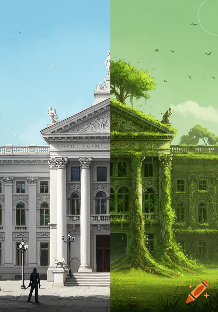 A classical building on the left, overgrown with plants on the right, showing before and after.