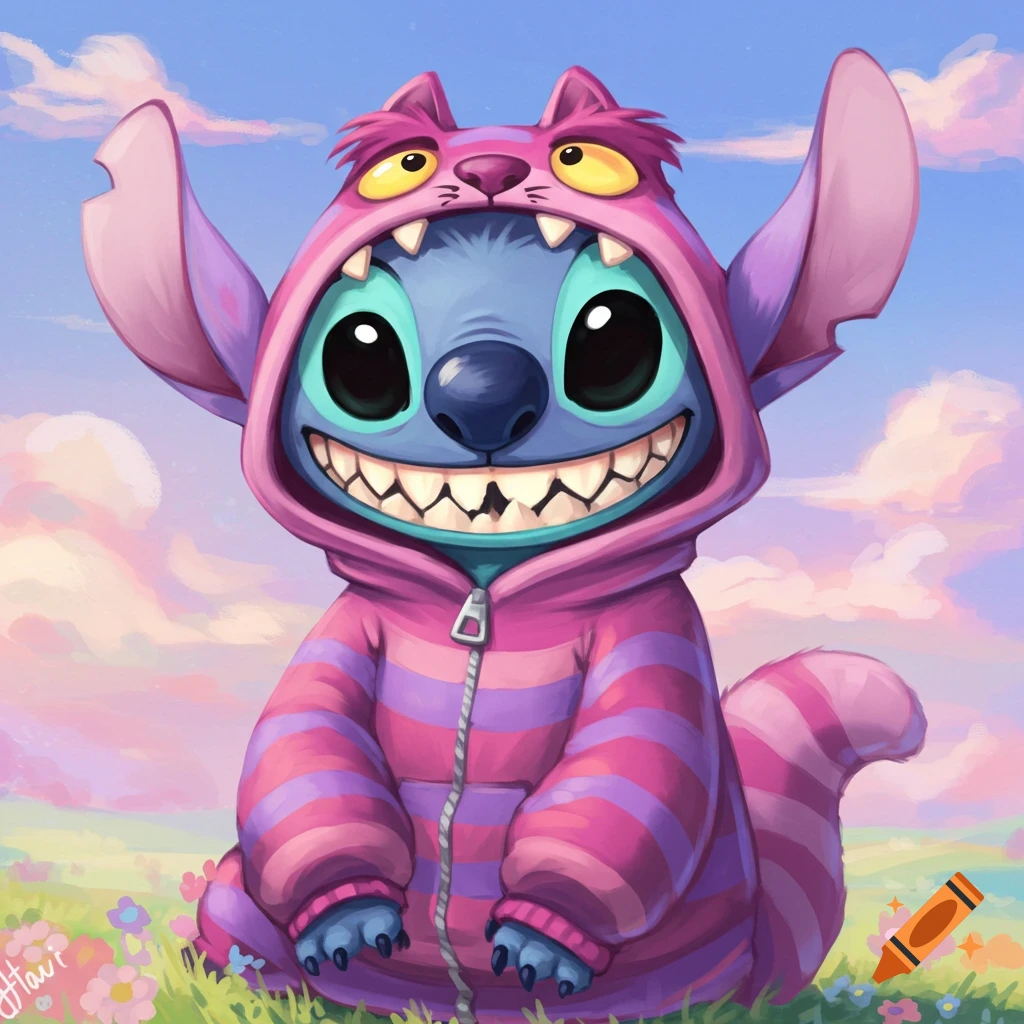 Stitch character from Lilo & Stitch wearing a pink and purple striped ...