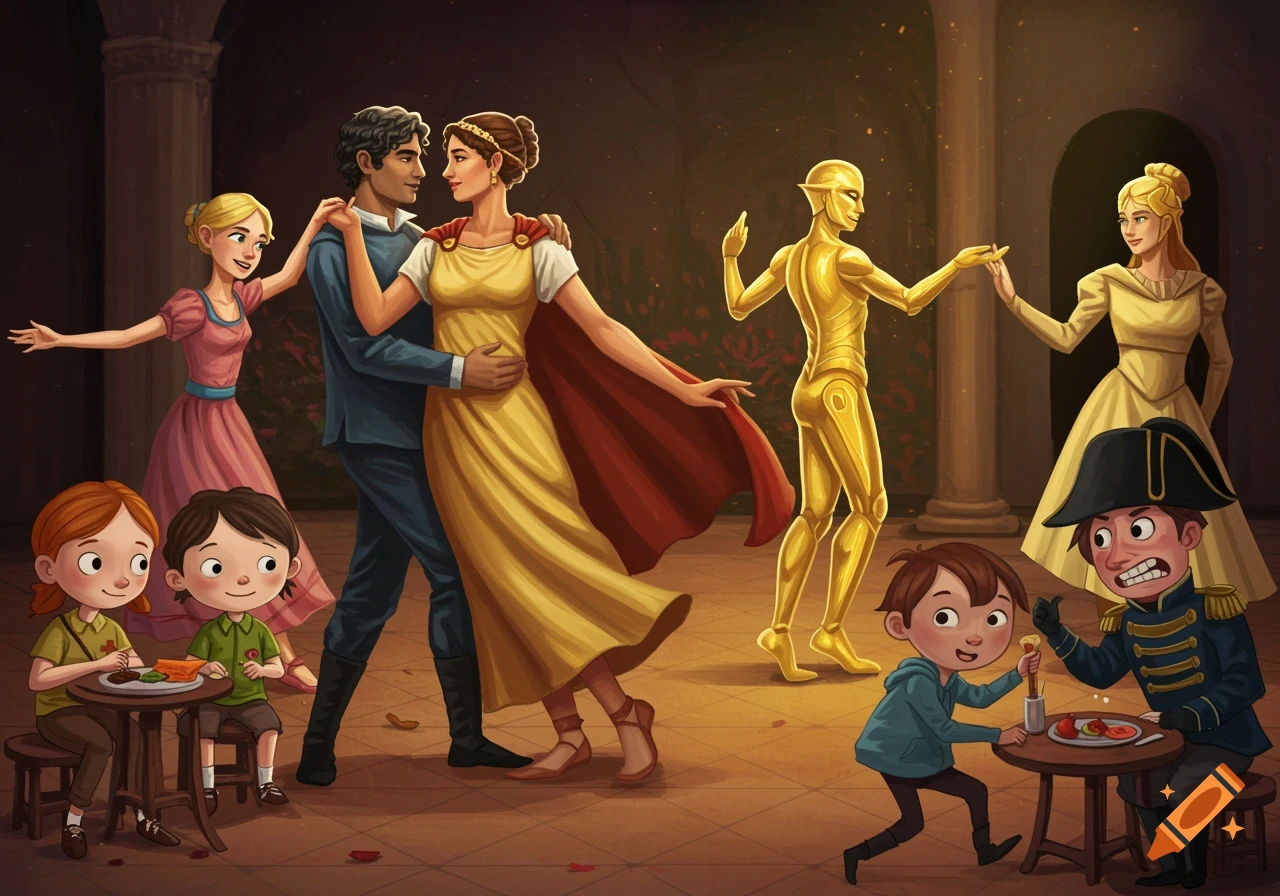 An illustration of characters from literature and philosophy dancing and interacting in a grand hall.