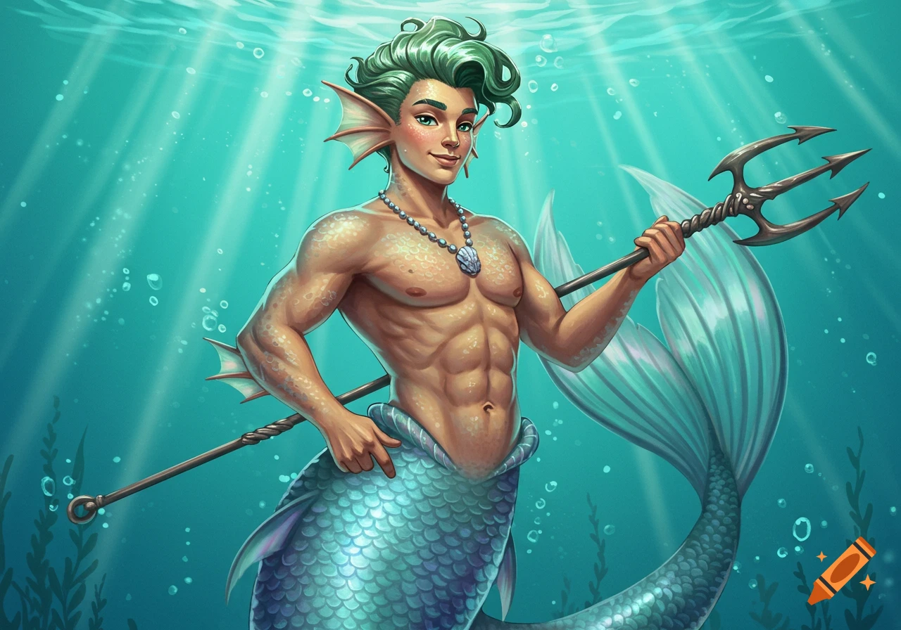 Muscular merman holding a trident underwater, digital illustration