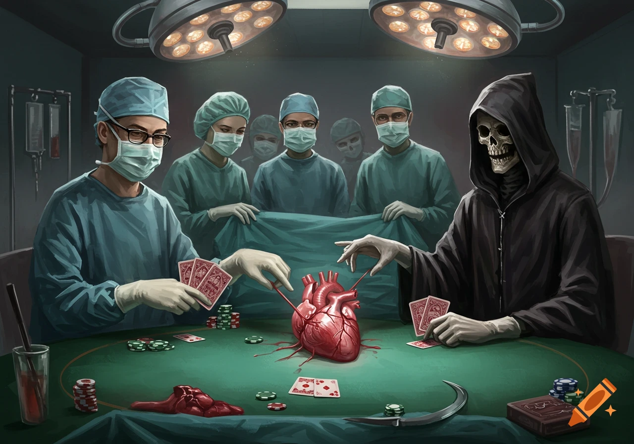 A macabre image of a poker game between a surgeon team and Death, playing with a human heart on the table in an operating room.