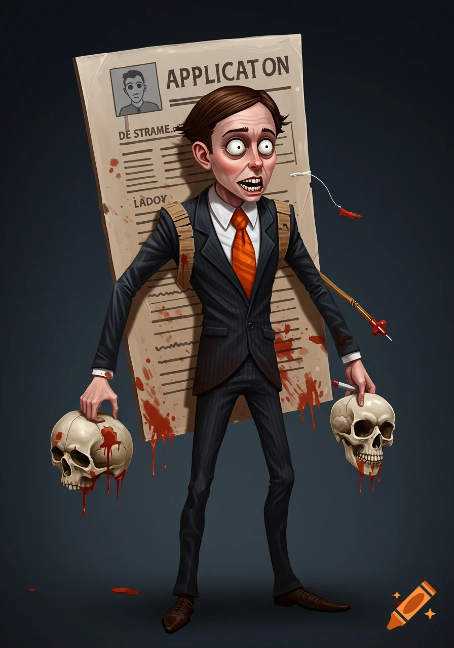 Cartoonish man in a suit holds bloody skulls and carries an application form as a Halloween costume.