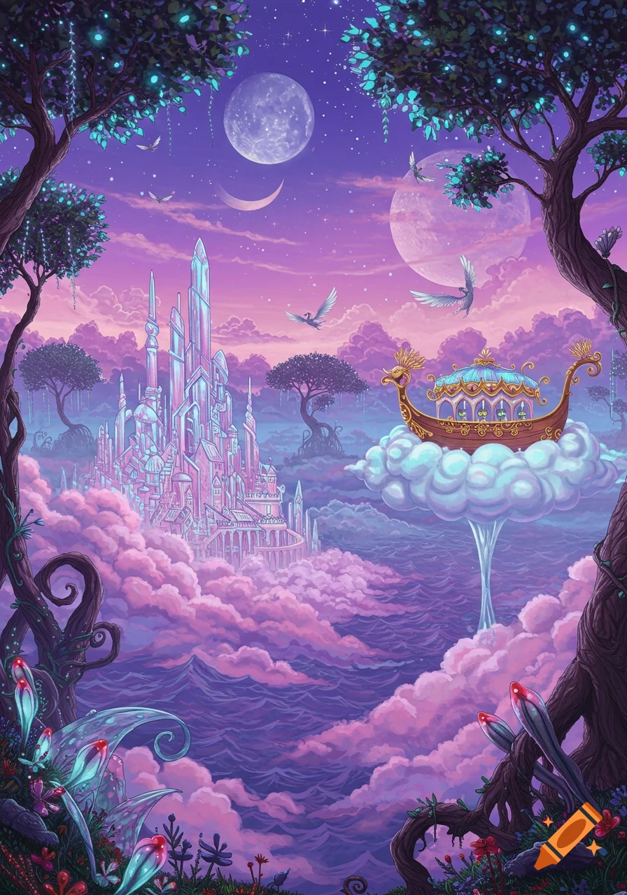 A fantasy landscape with a crystal castle on clouds above purple waves, glowing trees, magical plants, and a ship under twin moons.