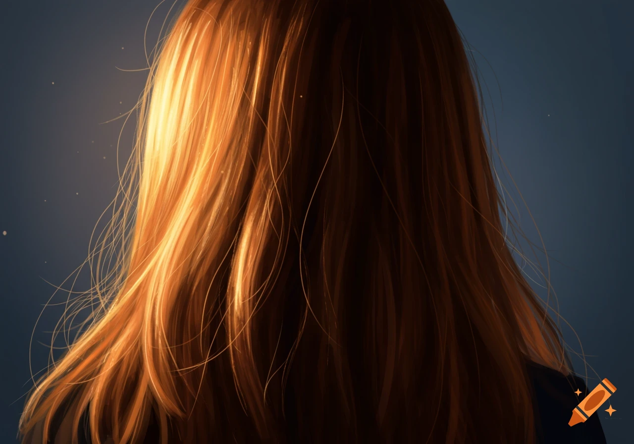 Back of a person's head with long reddish-orange hair lit from the side