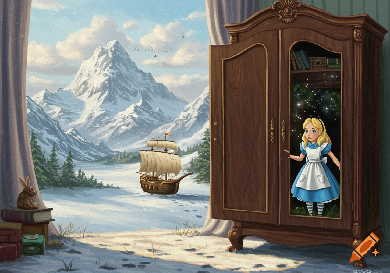 A girl in a blue dress looks into an open wardrobe revealing a snowy mountain landscape with a ship. A rabbit sits on books nearby.