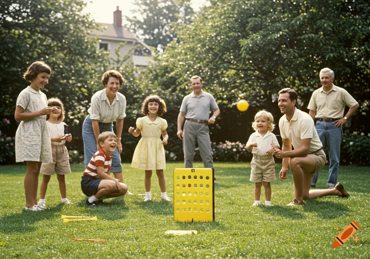 A family plays a game similar to Connect 4 in a grassy backyard in a vintage photo style.