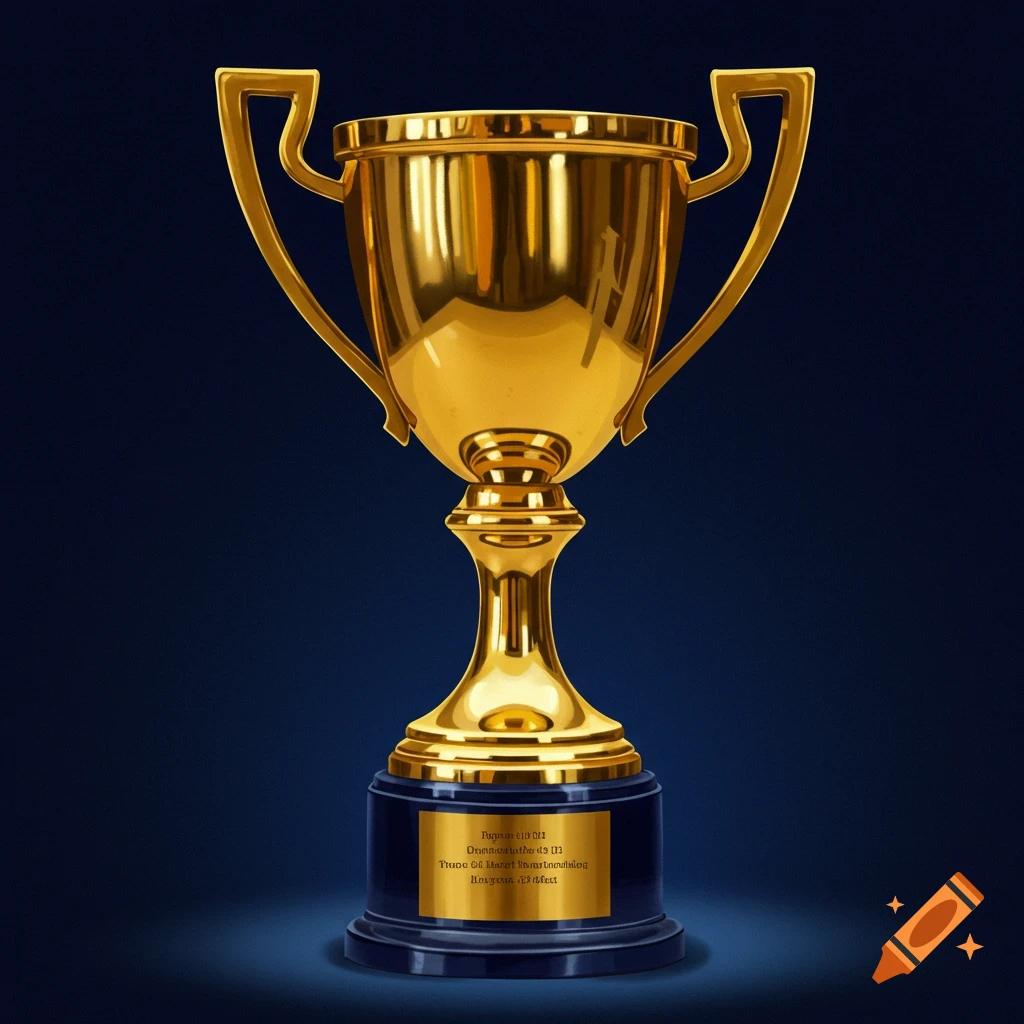 A golden trophy with a dark blue base on a dark background.
