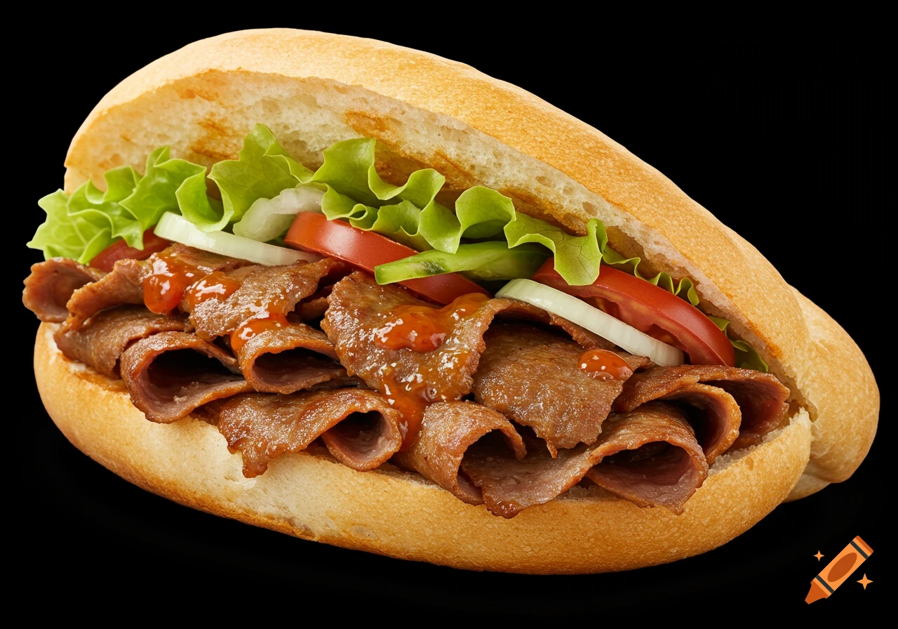 A close-up shot of a doner kebab sandwich with meat, lettuce, tomato, and onion on a bun.