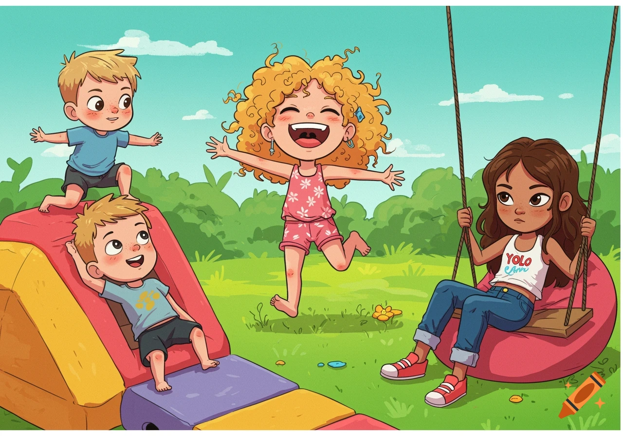 Cartoon illustration of children playing on a playground.