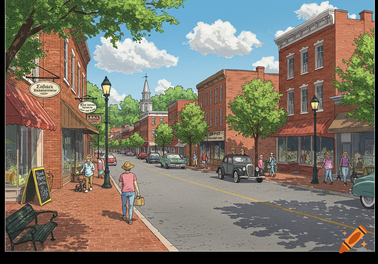 Illustration of a sunny small town street scene with brick buildings, shops, people walking, and cars.