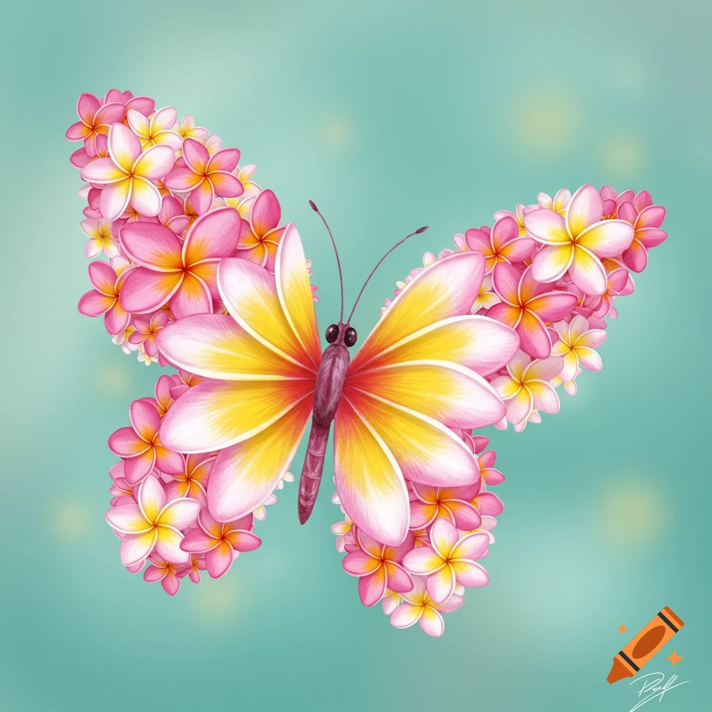 Illustration of a butterfly composed of pink and yellow plumeria flowers on a blue background