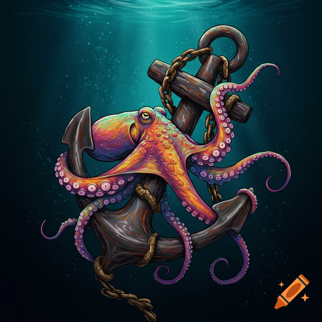Colorful octopus wrapped around an anchor underwater, digital art