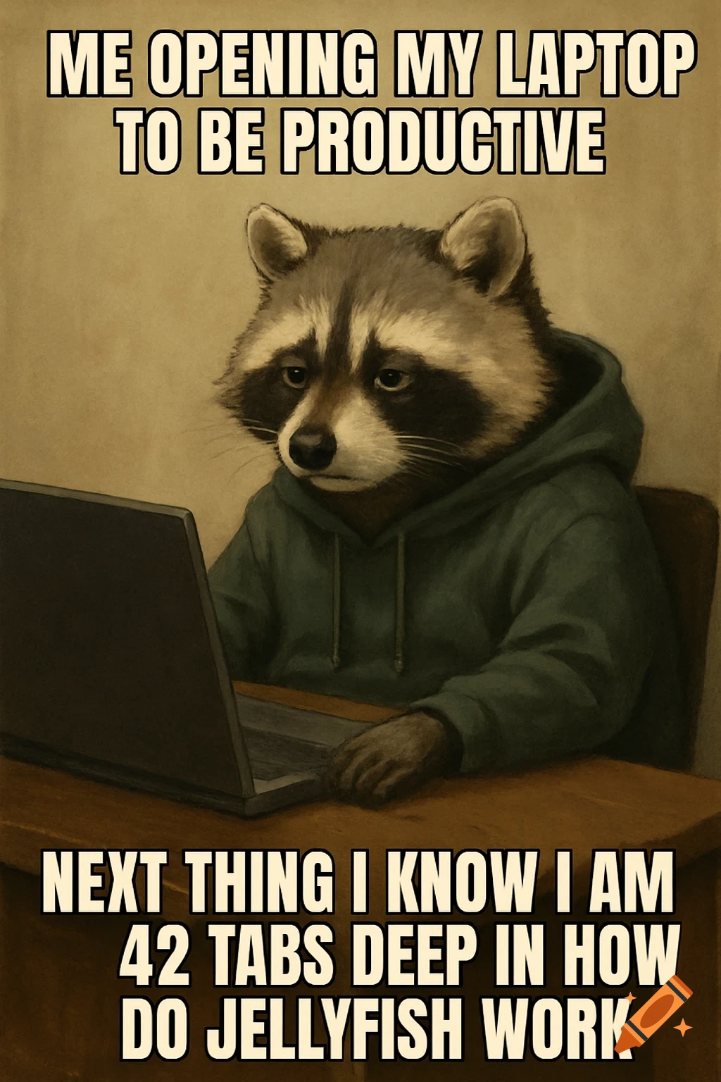 A raccoon in a hoodie sits at a desk with a laptop. Meme text above and below.