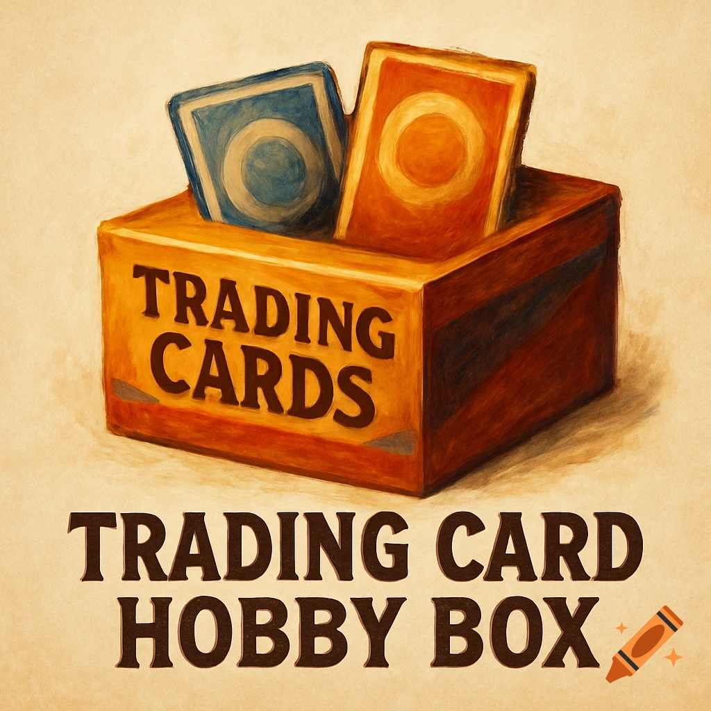 Painterly illustration of a box with "TRADING CARDS" on it, containing two cards, with "TRADING CARD HOBBY BOX" below.