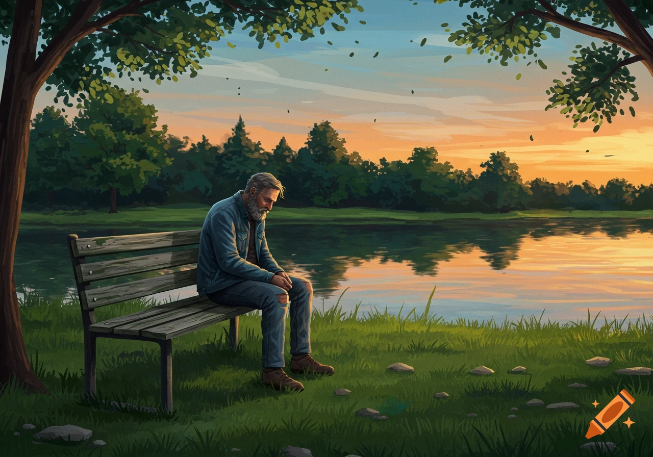 A man sits alone on a park bench by a lake during sunset, illustrated.