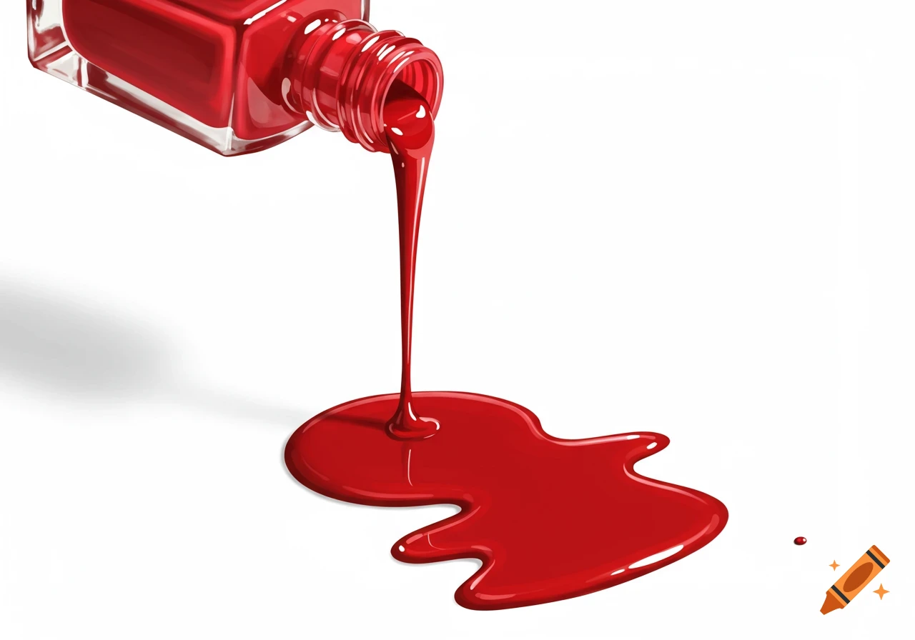 Red nail polish pours from a bottle onto a white surface, forming a puddle.