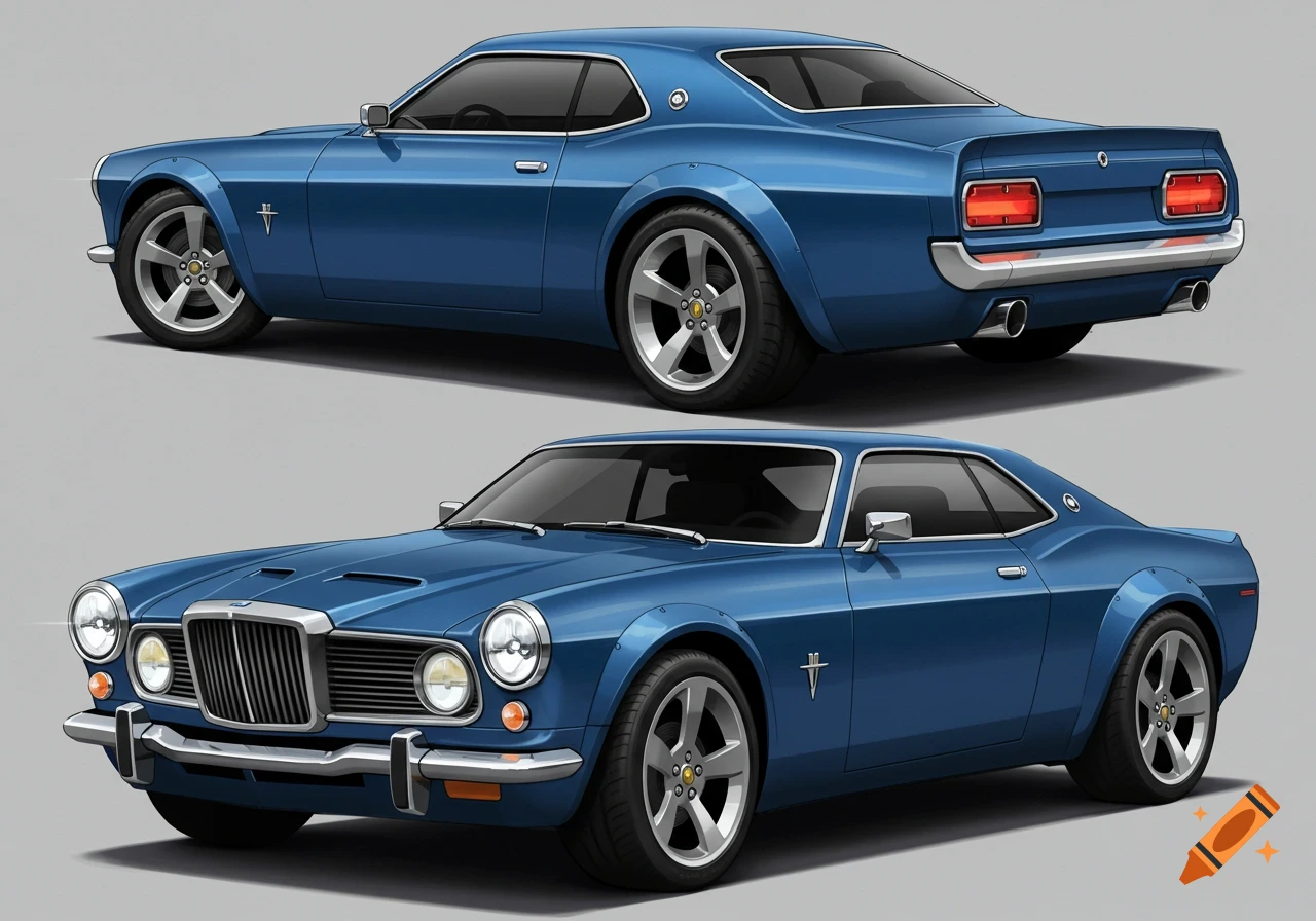 Two views of a blue vintage-style concept car: side profile and front/rear view.