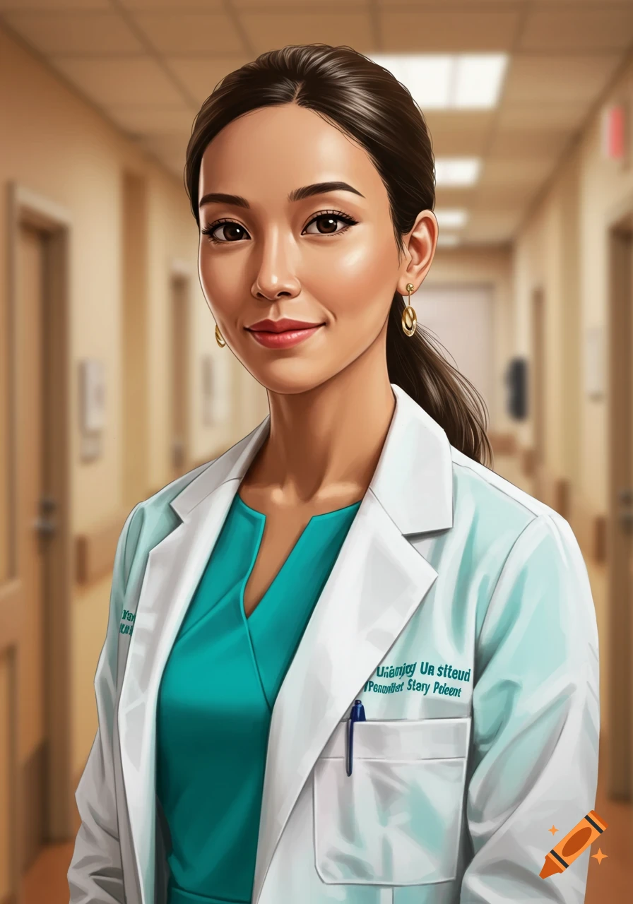 A portrait of a female doctor wearing a white coat and teal scrubs in a hospital hallway.