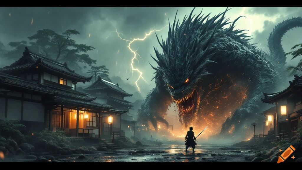 Person facing a giant monster in a stormy traditional Japanese village, photorealistic style.