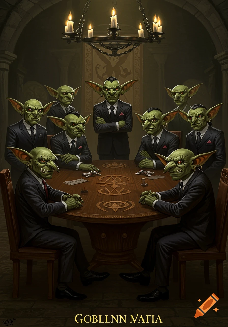Illustration of several goblins in suits seated around a table, like a mafia meeting.