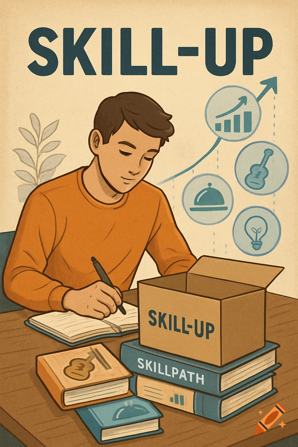 Illustration of a person studying at a desk with books and symbols of skill development and growth.